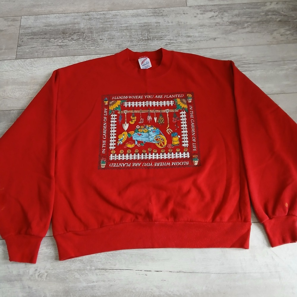 Vtg Sweatshirt Jerzees Large‎ Red USA Made Bloom Where You Are Planted